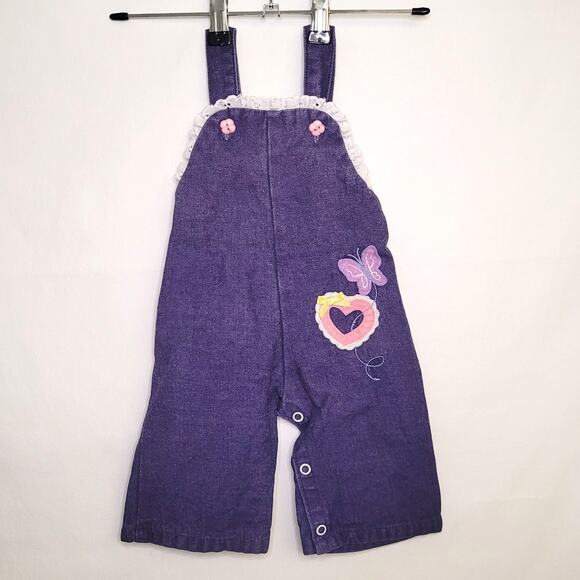 Kidstuff Vintage Purple Overalls 9 Months Heart & Butterfly Patches Pink Buttons - Picture 1 of 10